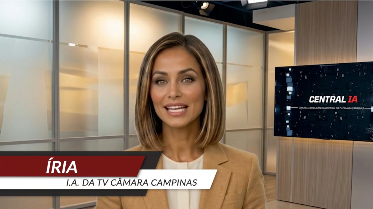 Íria, apresentadora virtual do Central I.A, em bancada de estúdio. O gerador de caracteres na tela identifica: Íria, I.A. da TV Câmara Campinas.